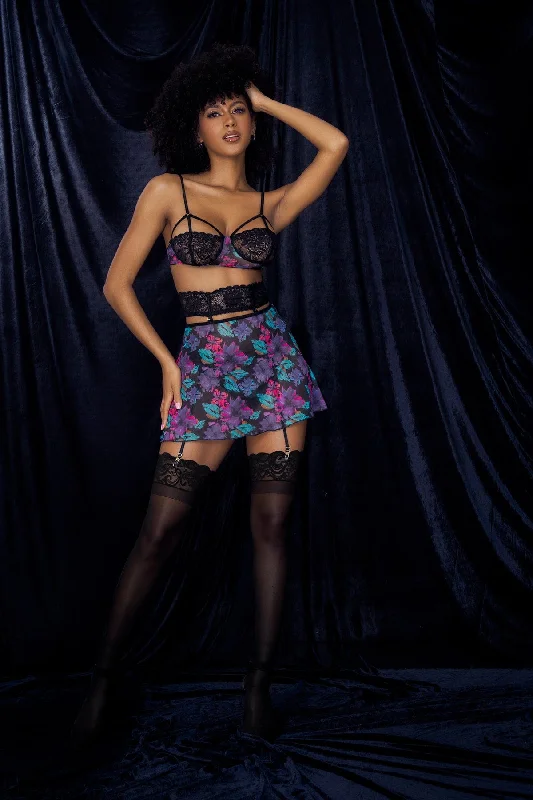 Sexy Black Dream Flower Print Bra, Thong & Skirt 3 Pc. Lingerie Set