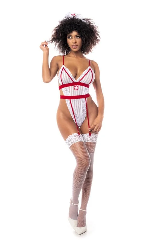 Sexy Nurse Striped Mesh Bodysuit & Headpiece Cosplay Bedroom Costume